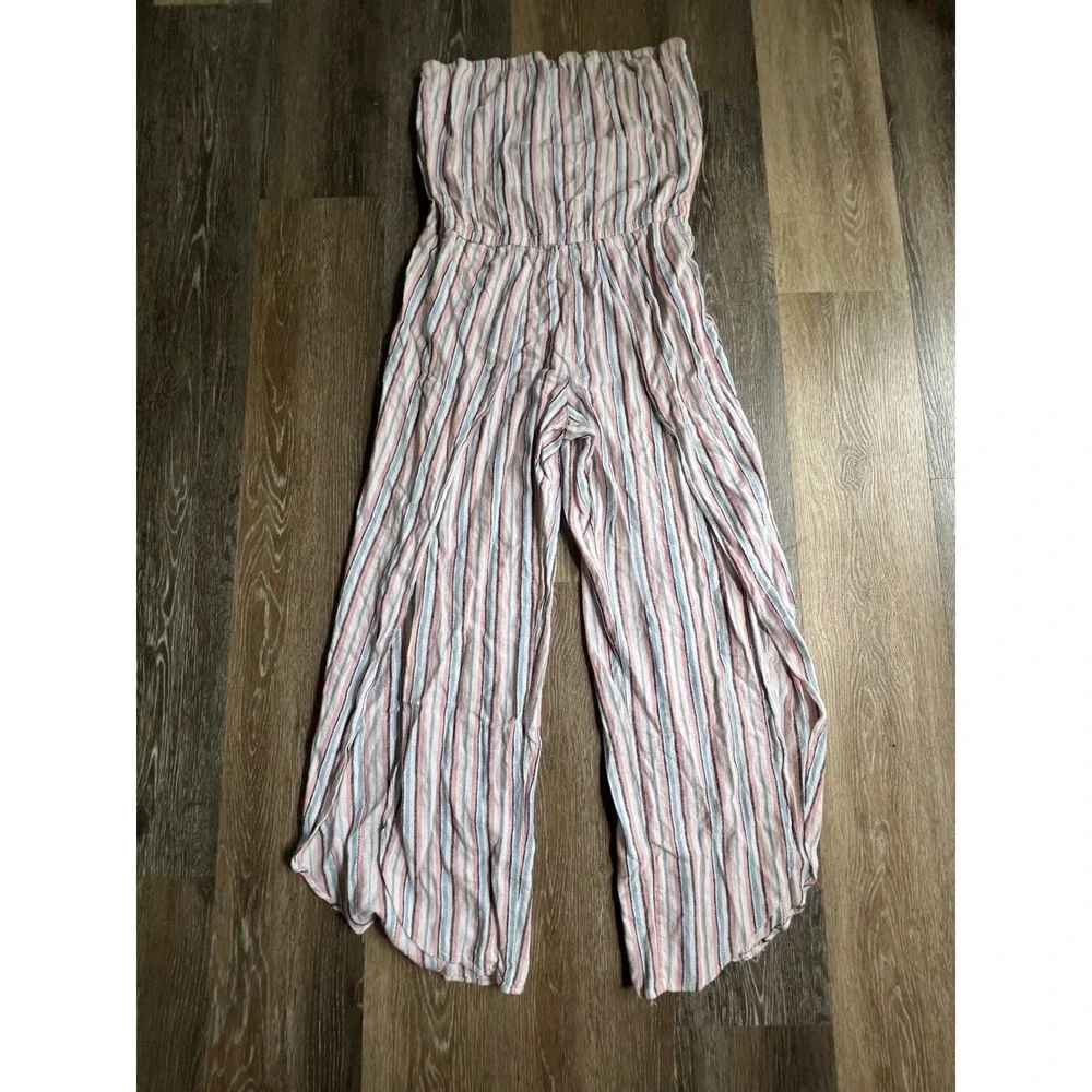 Drew Striped Strapless Jumpsuit Womens Medium Pink‎ Blue Good Wide Leg Slit Boho